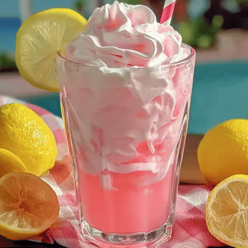 Whipped pink lemonade topped with fluffy cream and served with fresh lemons by the poolside.