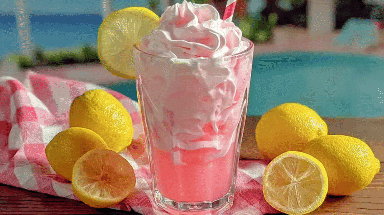 Whipped pink lemonade topped with fluffy cream and served with fresh lemons by the poolside.
