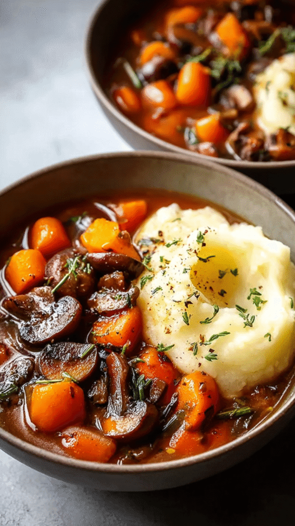 Hearty vegetarian stew with mushrooms, carrots, and herbs served with creamy mashed potatoes in a rustic bowl.