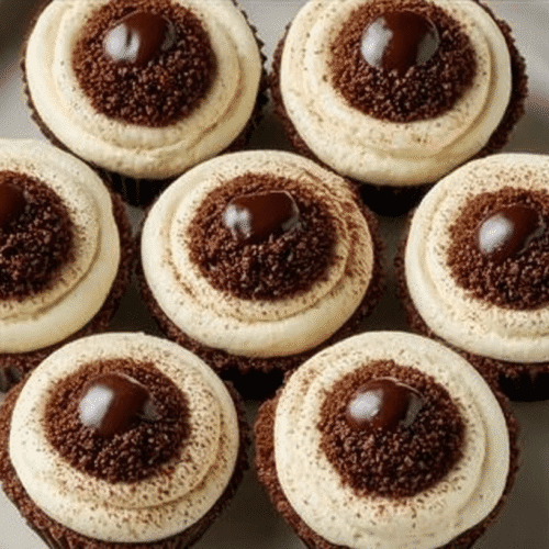 Mini tiramisu cookie cups topped with creamy mascarpone frosting, cocoa powder, and a chocolate center.