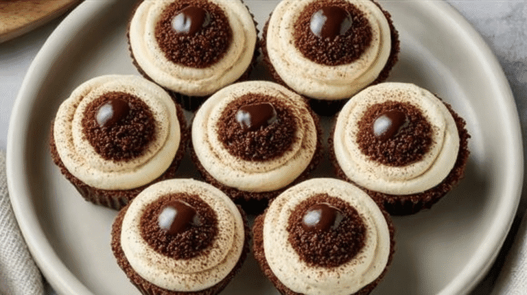 Mini tiramisu cookie cups topped with creamy mascarpone frosting, cocoa powder, and a chocolate center.