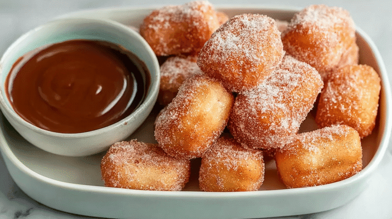 Golden brown air fryer churro bites coated in cinnamon sugar, served with chocolate dipping sauce.