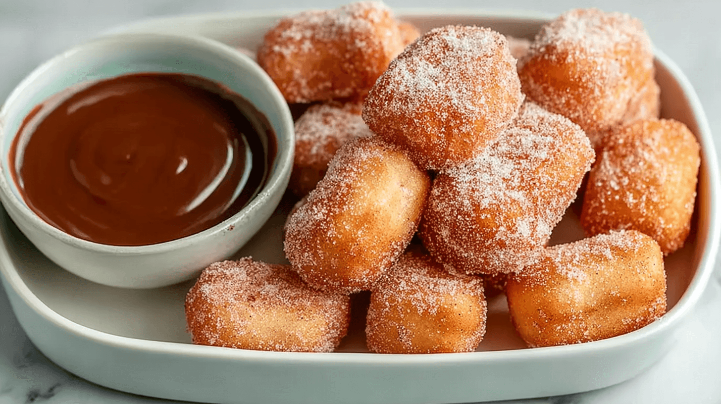 Golden brown air fryer churro bites coated in cinnamon sugar, served with chocolate dipping sauce.