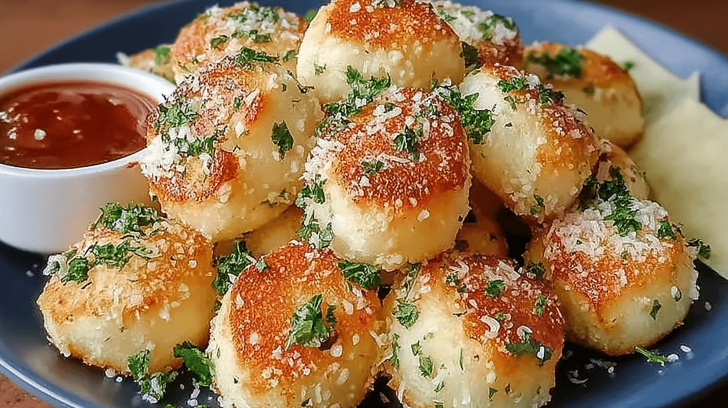 Golden garlic parmesan bread bites topped with parsley and served with marinara dipping sauce.