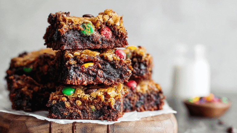 Gooey fudgy brownies stacked with colorful M&M candies and chocolate chips for the ultimate monster cookie dessert.