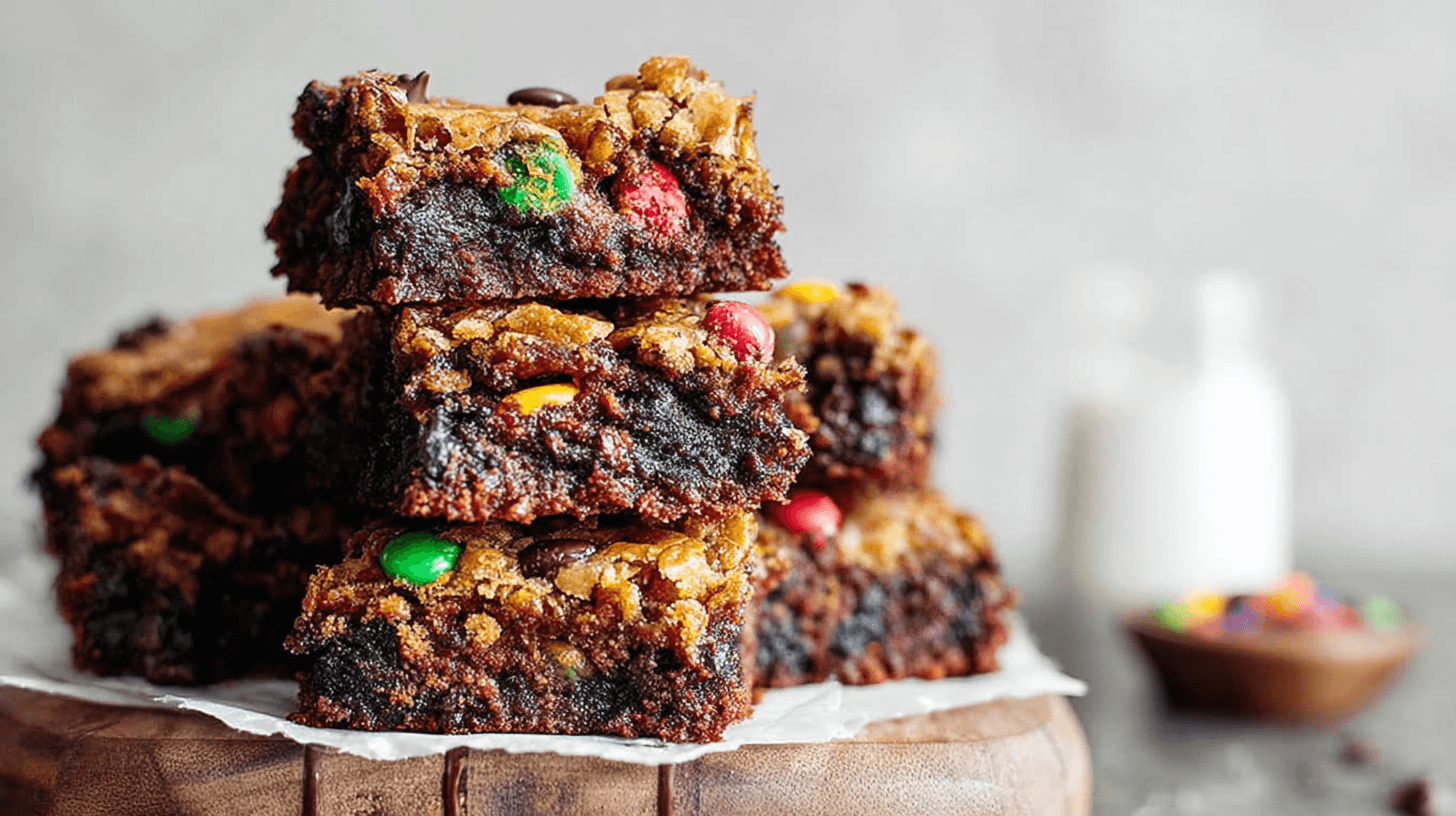 Gooey fudgy brownies stacked with colorful M&M candies and chocolate chips for the ultimate monster cookie dessert.