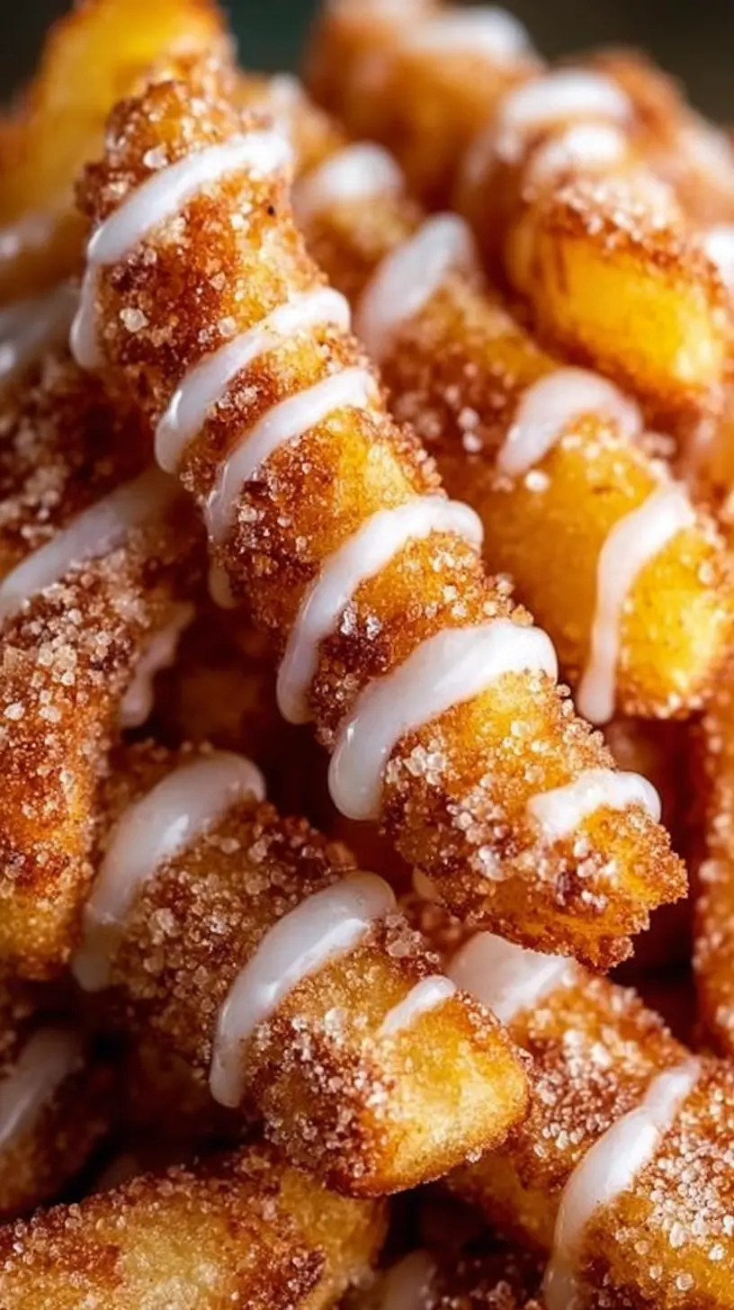 Close-up of golden air fryer apple fries coated in cinnamon sugar and drizzled with sweet vanilla glaze.