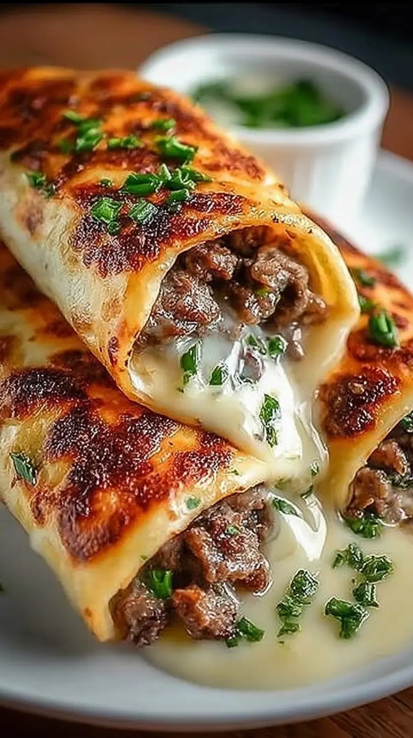 Close-up of golden-browned keto Philly cheesesteak roll ups filled with seasoned beef and melted cheese, topped with chopped green onions on a white plate.