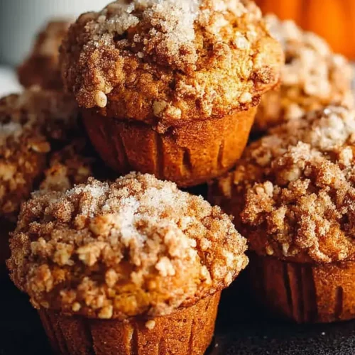 Close-up of tall apple-pumpkin muffins topped with crunchy cinnamon streusel on a dark plate, with a pumpkin and mug blurred in the background.