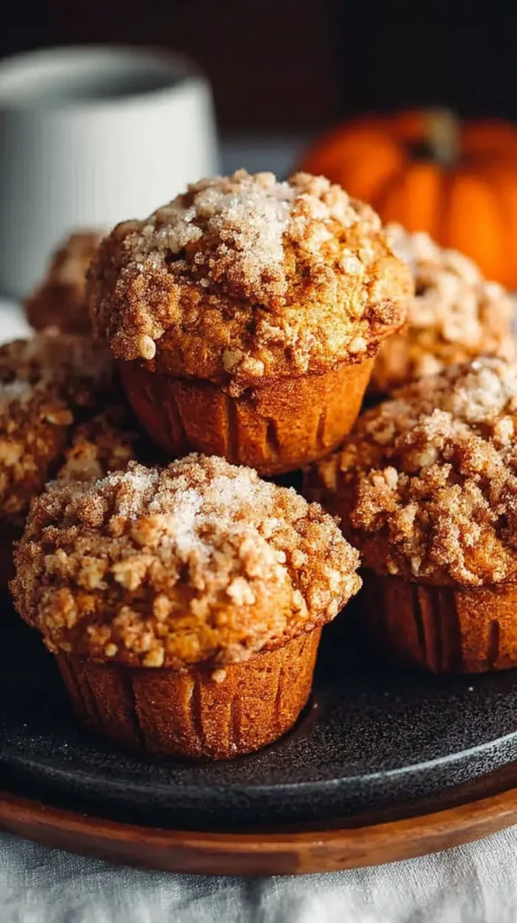 Close-up of tall apple-pumpkin muffins topped with crunchy cinnamon streusel on a dark plate, with a pumpkin and mug blurred in the background.