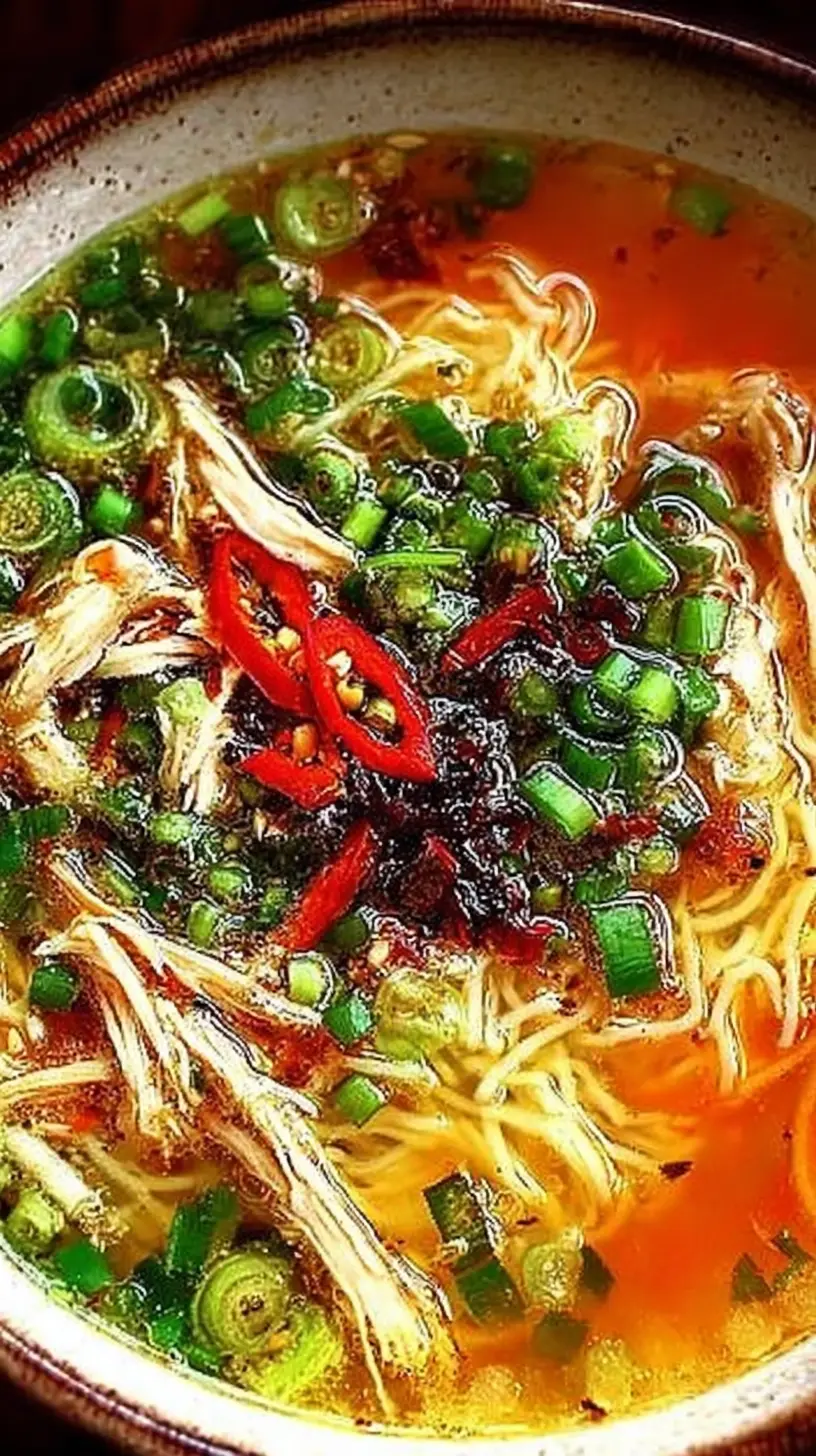 Aromatic Ginger Garlic Chicken Noodle Soup - Alrightwithme" in a rustic bowl, topped with sliced red chili and lots of green onions, with shredded chicken and noodles in a golden broth.
