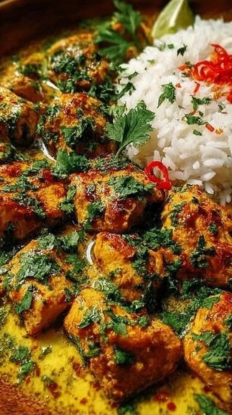 “Brazilian coconut chicken” pieces simmered in a golden coconut curry-style sauce, topped with fresh cilantro and served with fluffy white rice, lime wedge, and sliced red chili.