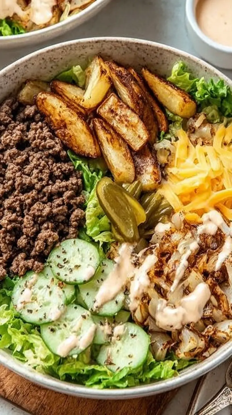 Burger Bowls” with crispy potato wedges, seasoned ground beef, shredded cheese, cucumbers, pickles, grilled onions, and creamy special sauce over a bed of fresh lettuce in a large serving bowl.