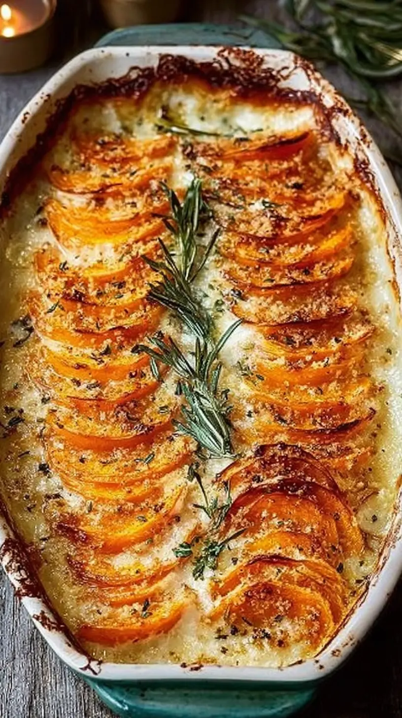 Baking dish filled with layered butternut squash slices baked in a creamy sauce, topped with a golden, bubbly cheese crust and fresh rosemary.