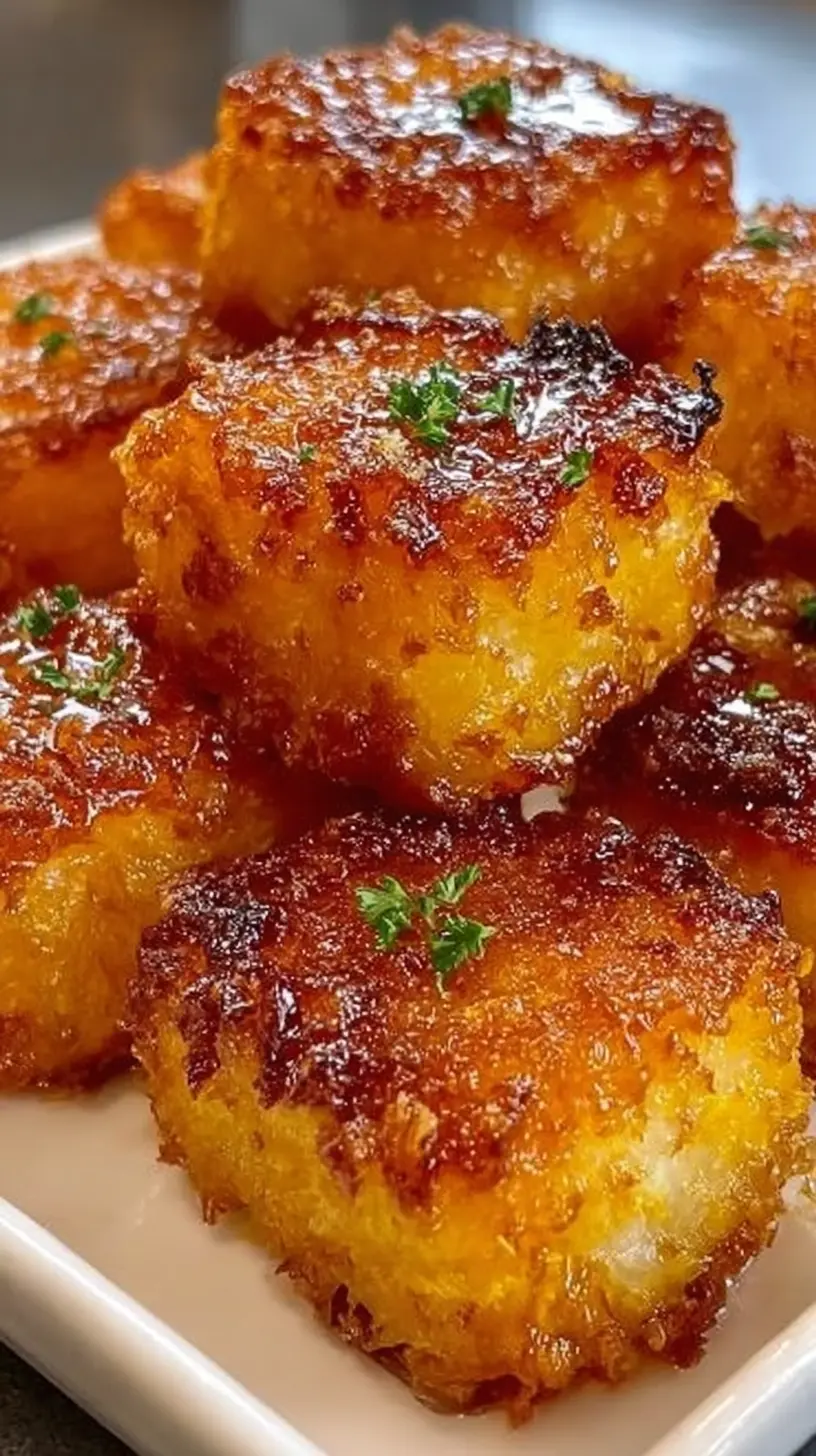 Close-up of crispy baked butternut squash tots stacked on a white plate, golden brown on the edges and garnished with fresh herbs.