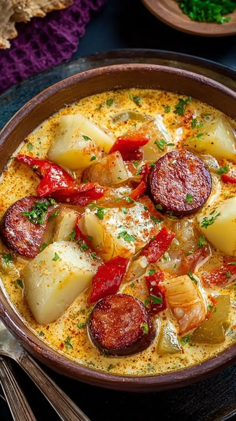 Rustic bowl of Cajun potato soup with chunks of potatoes, sliced sausage, red peppers, and onions in a creamy, seasoned broth, garnished with parsley.