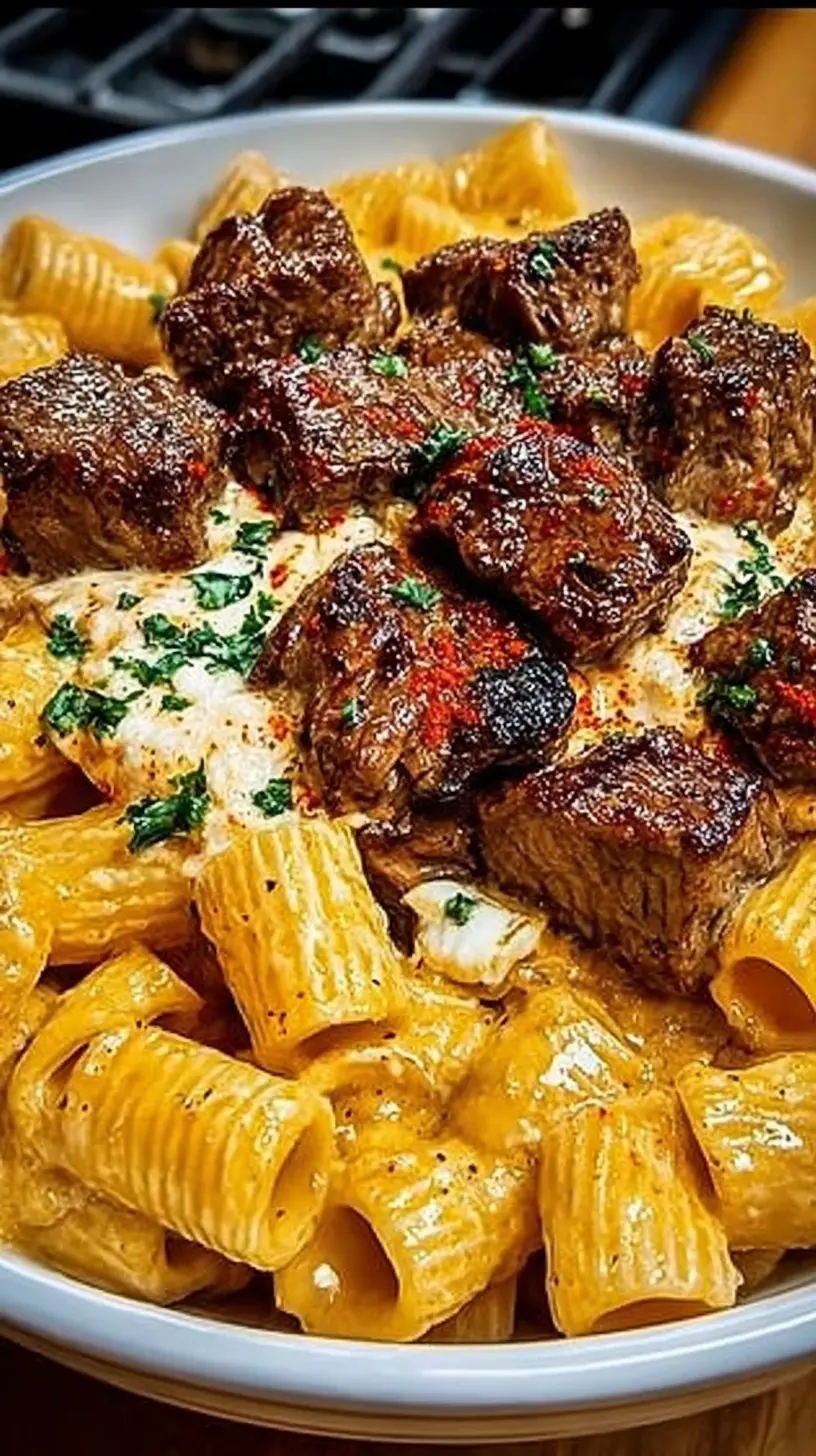“Cajun steak tips with cheesy rigatoni” in a white bowl, featuring charred bite-size steak pieces piled over creamy orange-tinted rigatoni pasta, sprinkled with fresh parsley and Cajun seasoning.