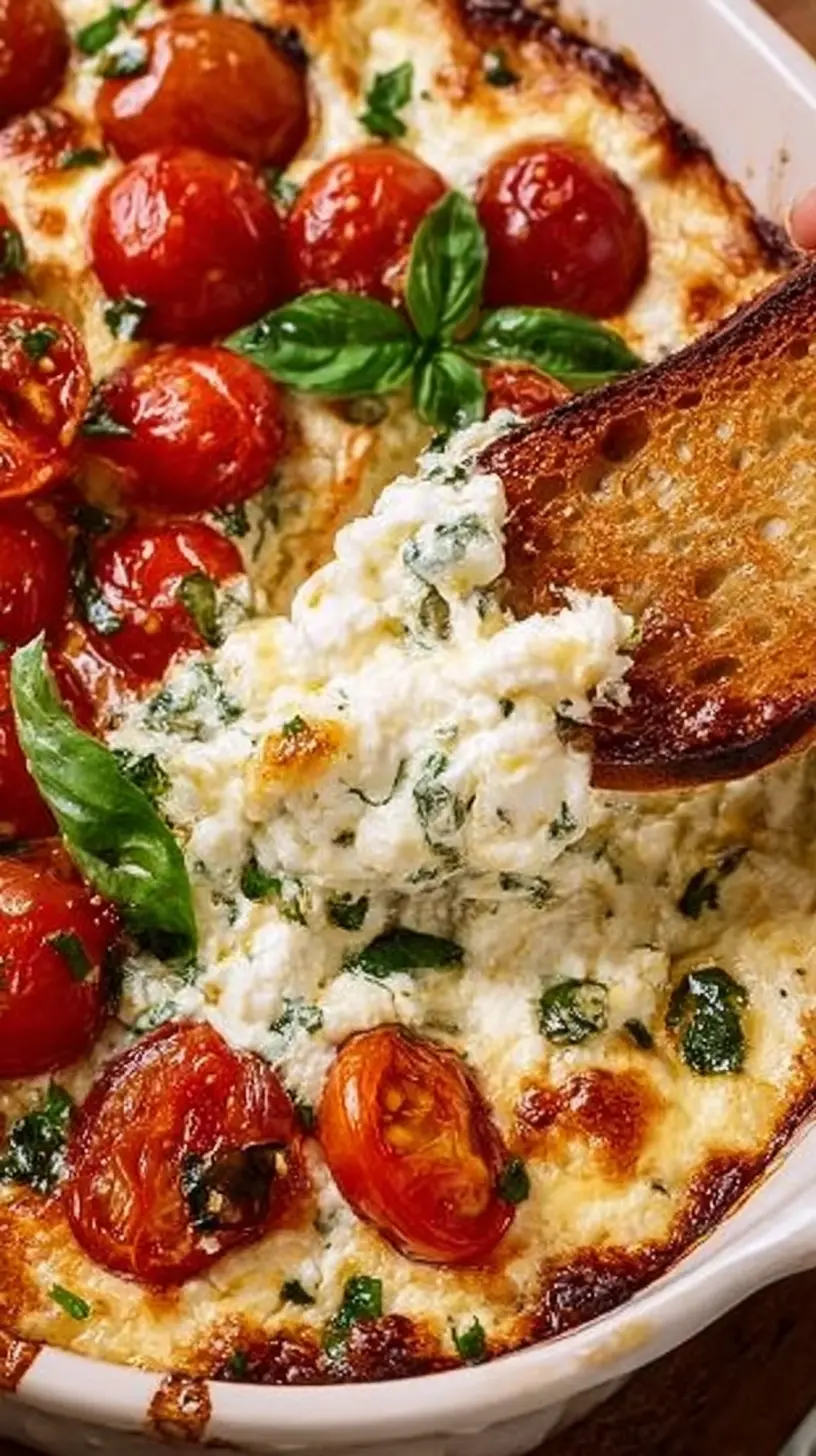 Caprese Dip Recipe” hot bubbly cheese dip topped with roasted tomatoes and basil, being scooped up with a toasted bread slice.