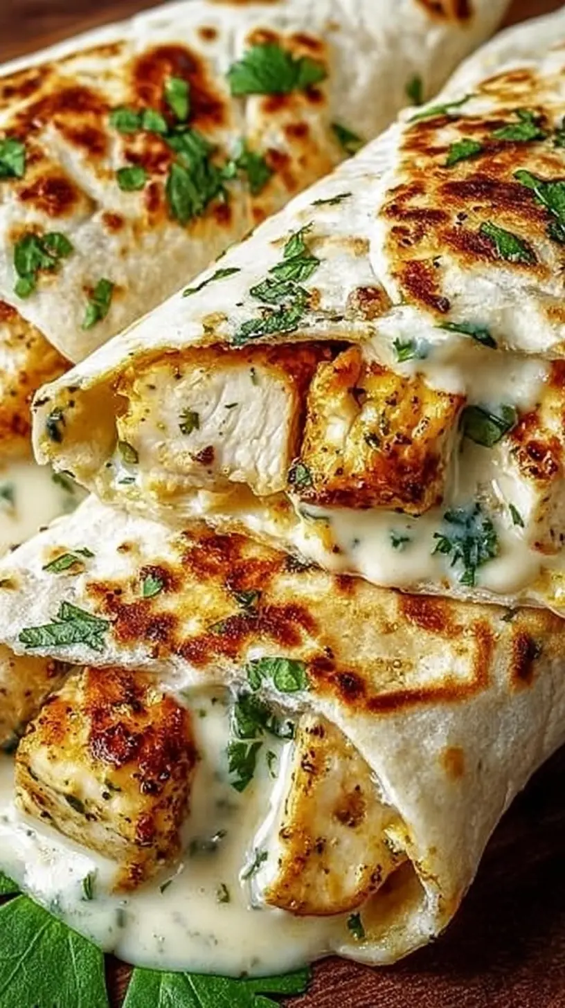Cheesy Garlic Chicken Wraps” with golden seared chicken pieces and creamy garlic sauce wrapped in toasted tortillas, garnished with fresh herbs on a wooden board.