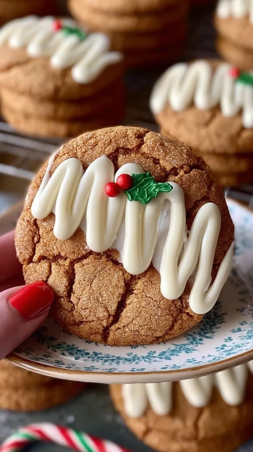 Chewy Maple Cinnamon Cookies with White Chocolate” decorated with zigzag white chocolate drizzle and a tiny holly candy on top, held over a plate of more cookies.