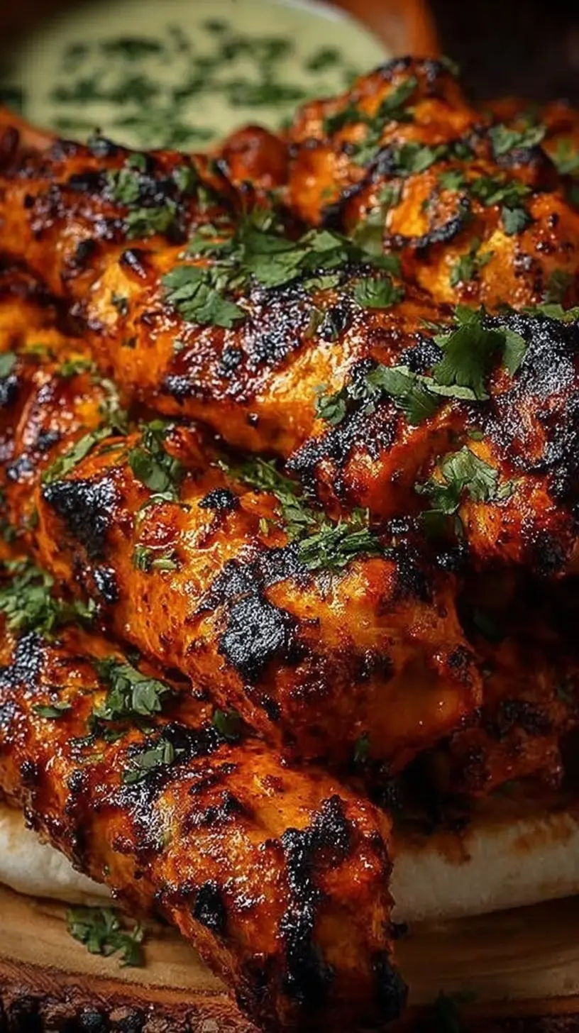 Close-up of sizzling skewers for Chicken Tikka Kebab Recipe stacked on naan bread, charred and juicy, garnished with fresh cilantro with a creamy green dipping sauce in the background.