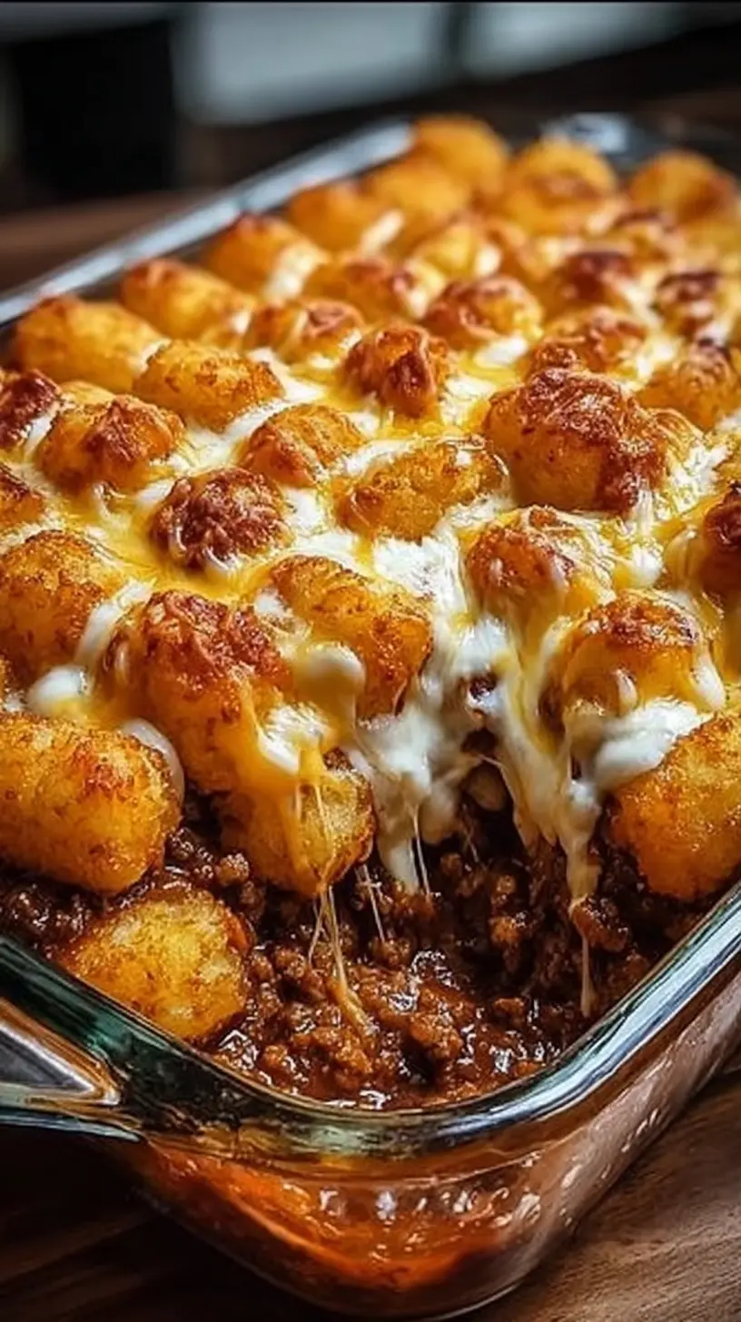 “Chili cheese tater tot casserole” in a glass baking dish, with golden crispy tater tots and melted cheese on top of a hearty chili meat layer, a scoop taken out to show the cheesy filling.