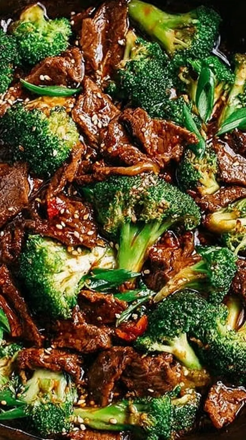 “Chinese beef and broccoli” stir-fry with tender caramelized beef strips, bright green broccoli florets, scallions, and toasted sesame seeds coated in a glossy brown garlic-soy sauce.