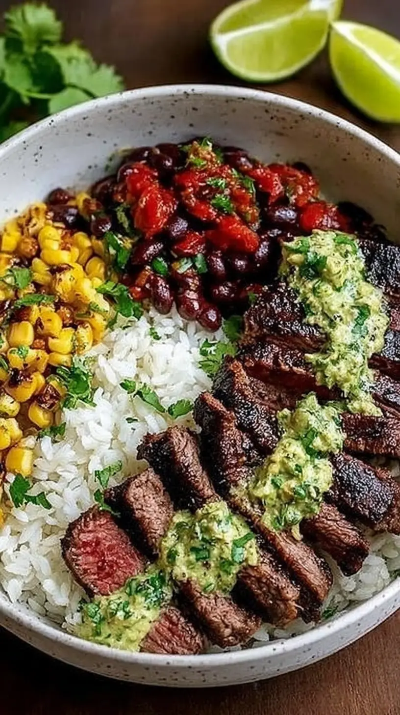 Cilantro Lime Steak Bowls" with sliced seared steak, cilantro-lime sauce, white rice, charred corn, and black beans in a ceramic bowl with lime wedges on the side
