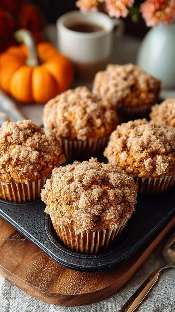 Tall apple–pumpkin muffins in a muffin tin topped with crunchy cinnamon streusel, with a coffee mug and mini pumpkin blurred in the background.