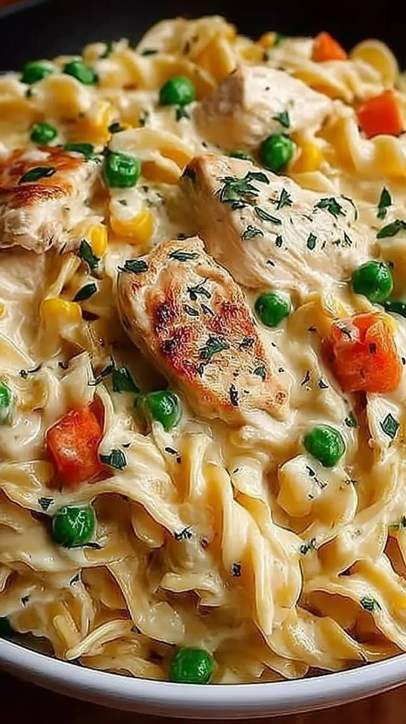 Creamy chicken pot pie pasta with egg noodles, seared chicken pieces, peas, carrots, and corn in a rich sauce, served in a white bowl.