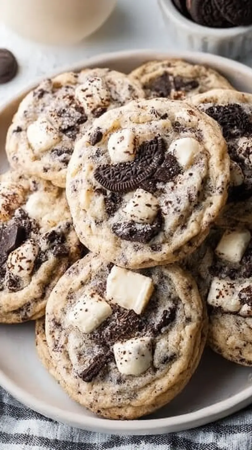 Cookies and Cream Cookie Recipe” showing a plate piled with soft cookies studded with Oreo pieces and white chocolate chunks.