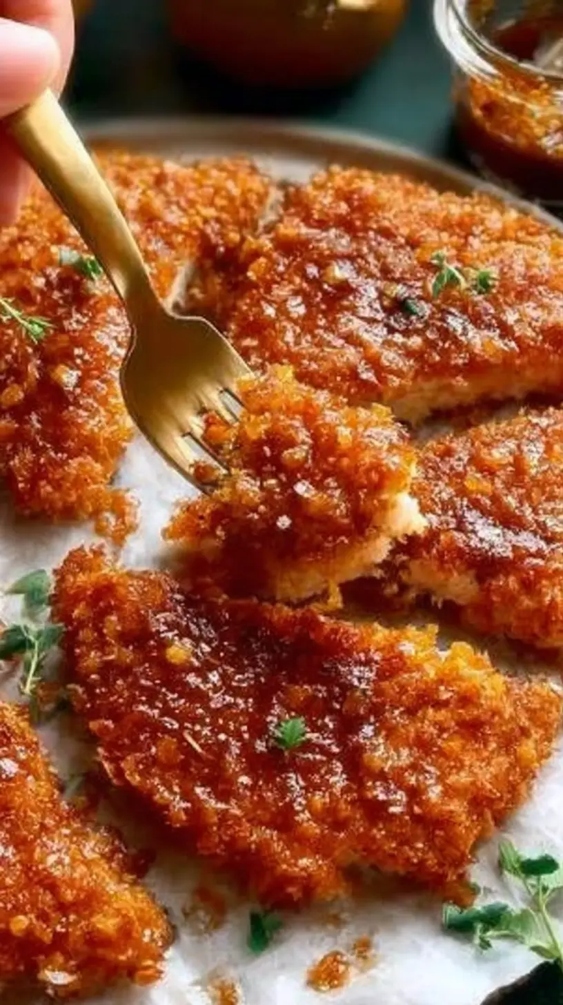 “Cornflake-Crusted Chicken” coated in a golden, ultra-crispy cornflake breading, served on a tray with fresh herbs and a fork breaking into the crunchy crust.