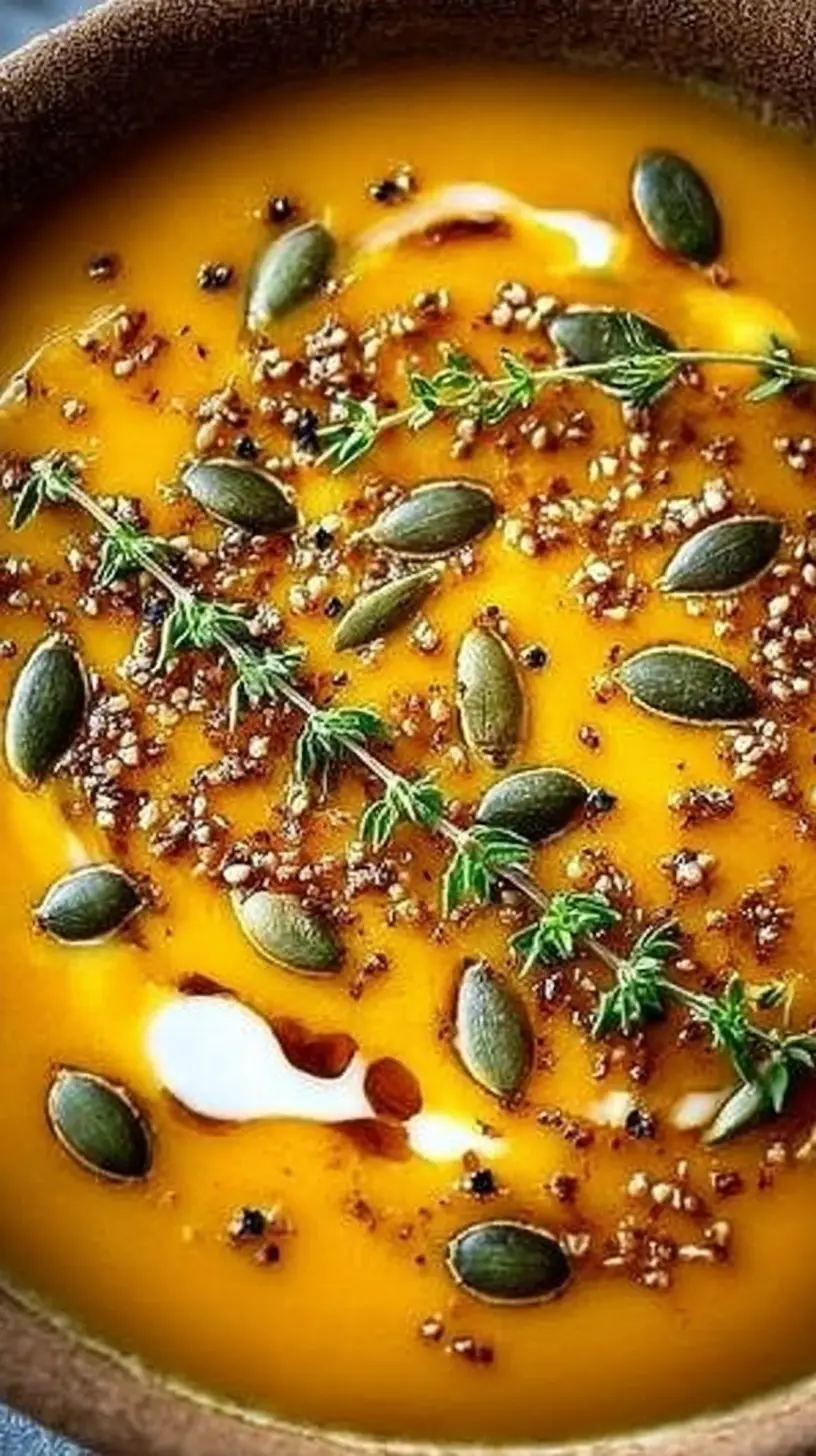 Bowl of cottage cheese butternut squash soup topped with pumpkin seeds, fresh thyme sprigs, and a swirl of cream