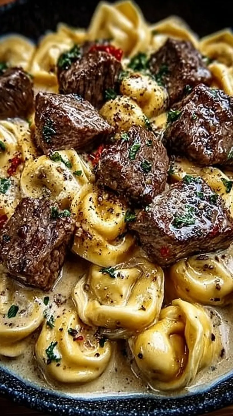 Cracked Garlic Steak Tortellini in Creamhouse Sauce Bliss” skillet filled with seared steak bites and cheese tortellini coated in rich creamy garlic sauce.