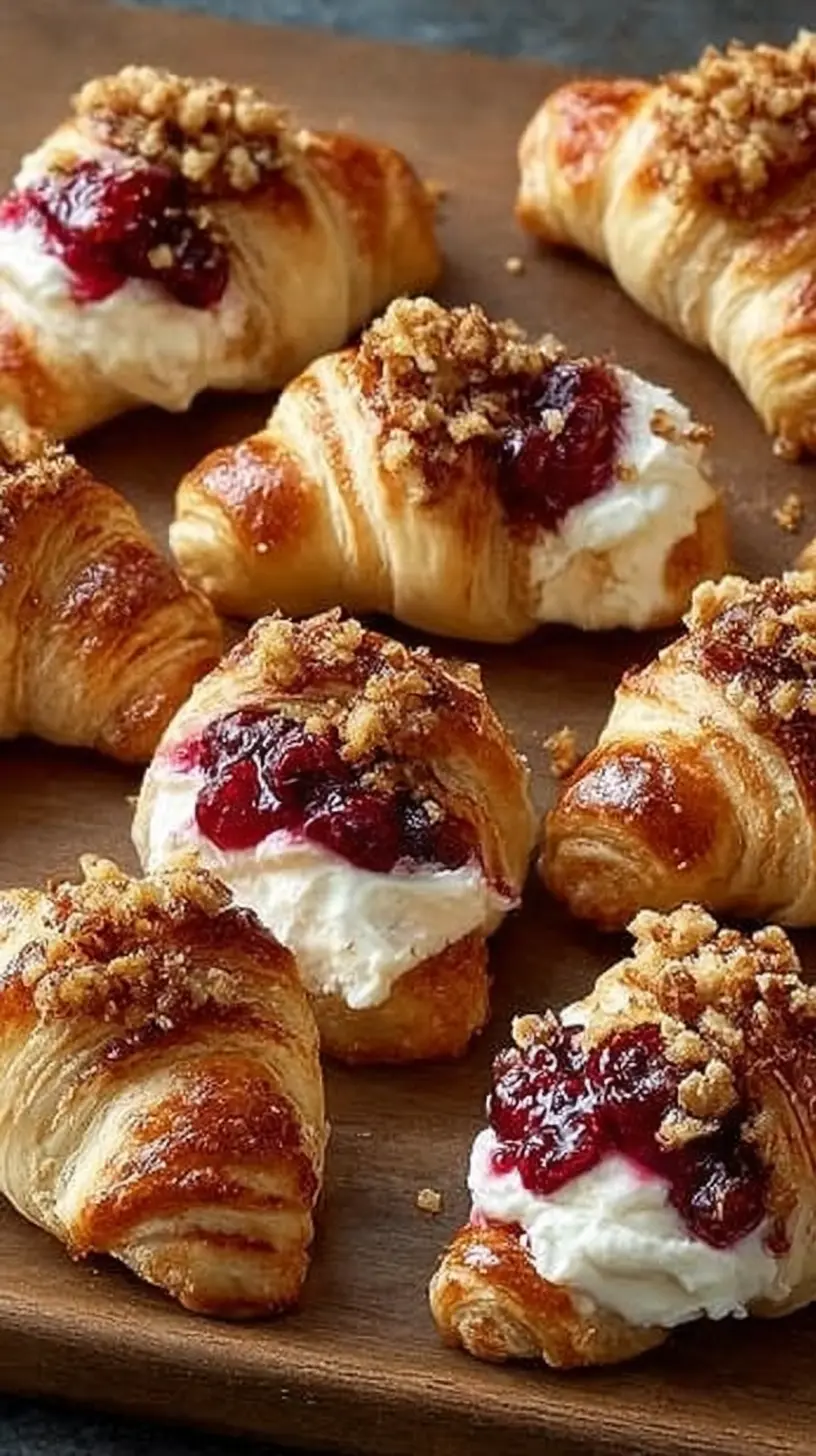 Golden crescent rolls filled with whipped cream cheese and cranberry sauce, topped with buttery brown sugar crumbs on a wooden board.