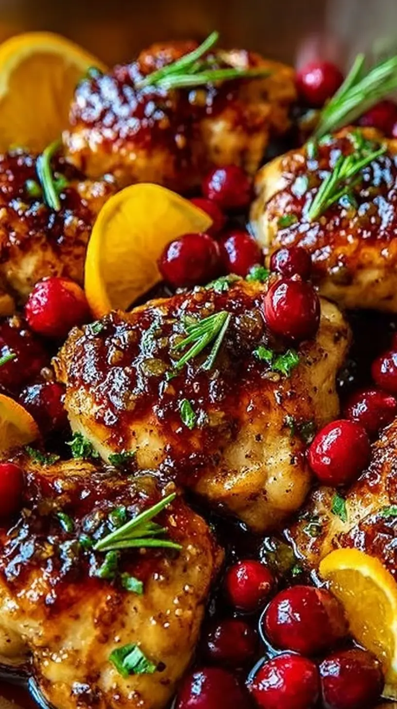 “Cranberry orange chicken” with golden-browned chicken thighs glazed in a sticky orange sauce, surrounded by fresh cranberries, orange slices, and rosemary sprigs.
