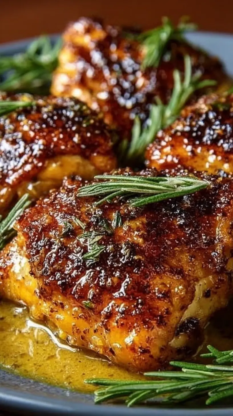 Close-up of crispy-skinned chicken thighs simmered in a creamy brown sugar Dijon sauce, garnished with fresh rosemary on a dark plate.