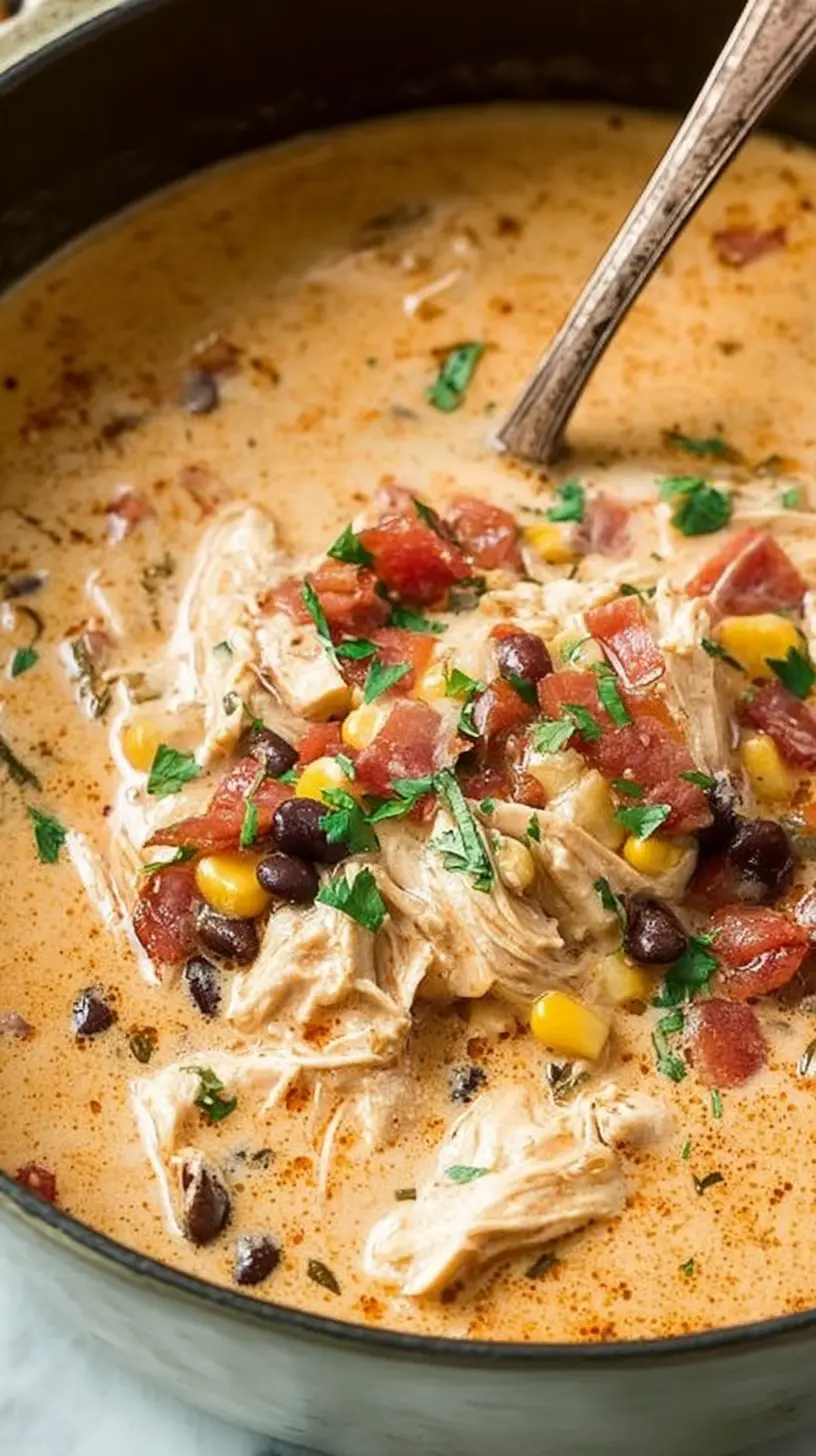 “Creamy chicken taco soup” in a pot, with shredded chicken, black beans, corn, and tomatoes in a rich orange-tinted creamy broth, garnished with fresh chopped cilantro.