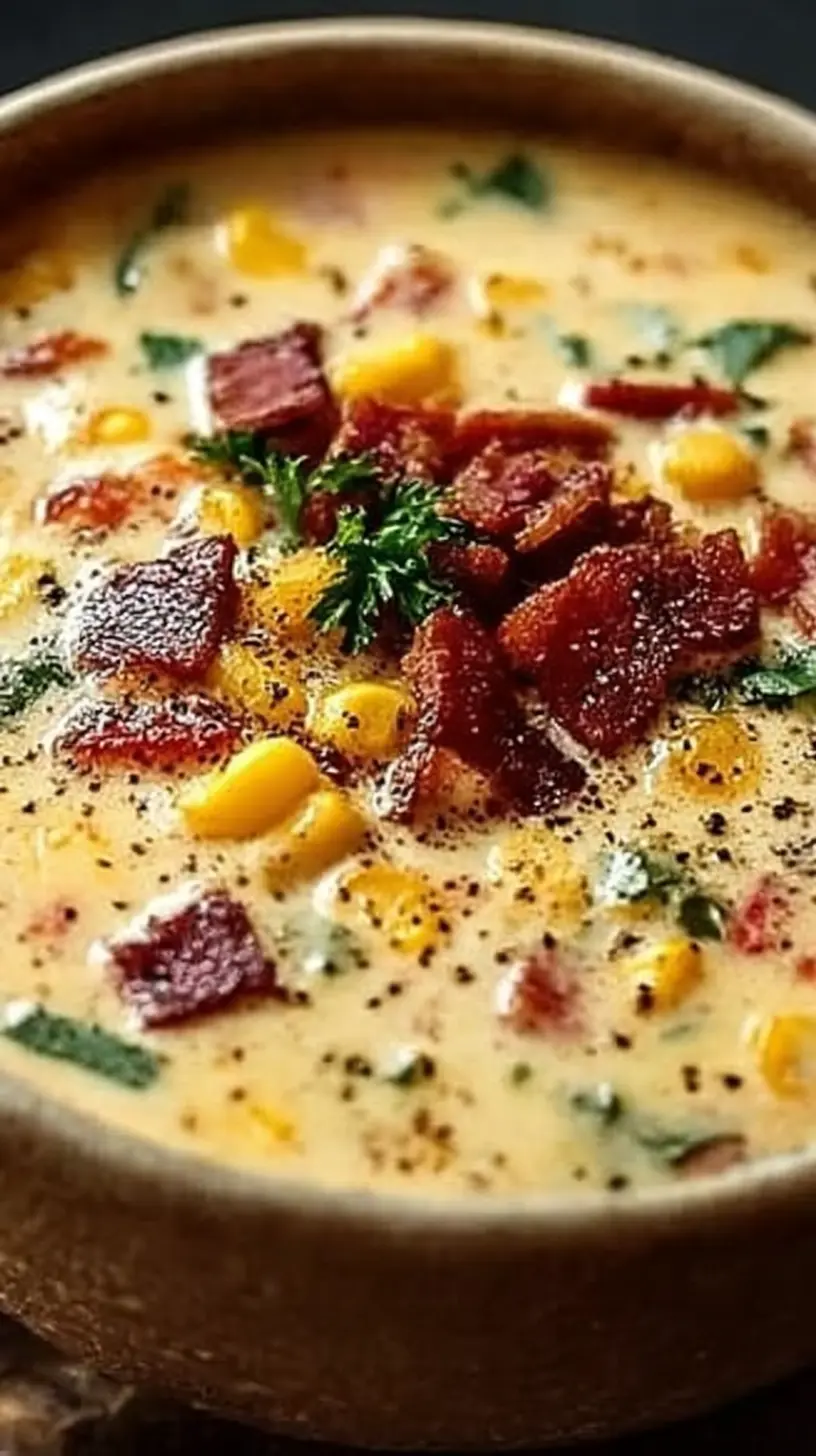 Bowl of creamy cowboy soup filled with corn, potatoes, herbs, and crispy bacon pieces, topped with fresh parsley and cracked black pepper.