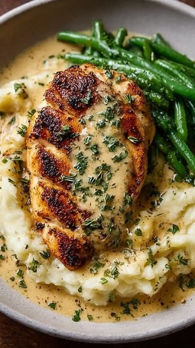 “Creamy garlic parmesan chicken breast” served over fluffy mashed potatoes with green beans on the side, all topped with a rich garlic-parmesan cream sauce and fresh chopped herbs.