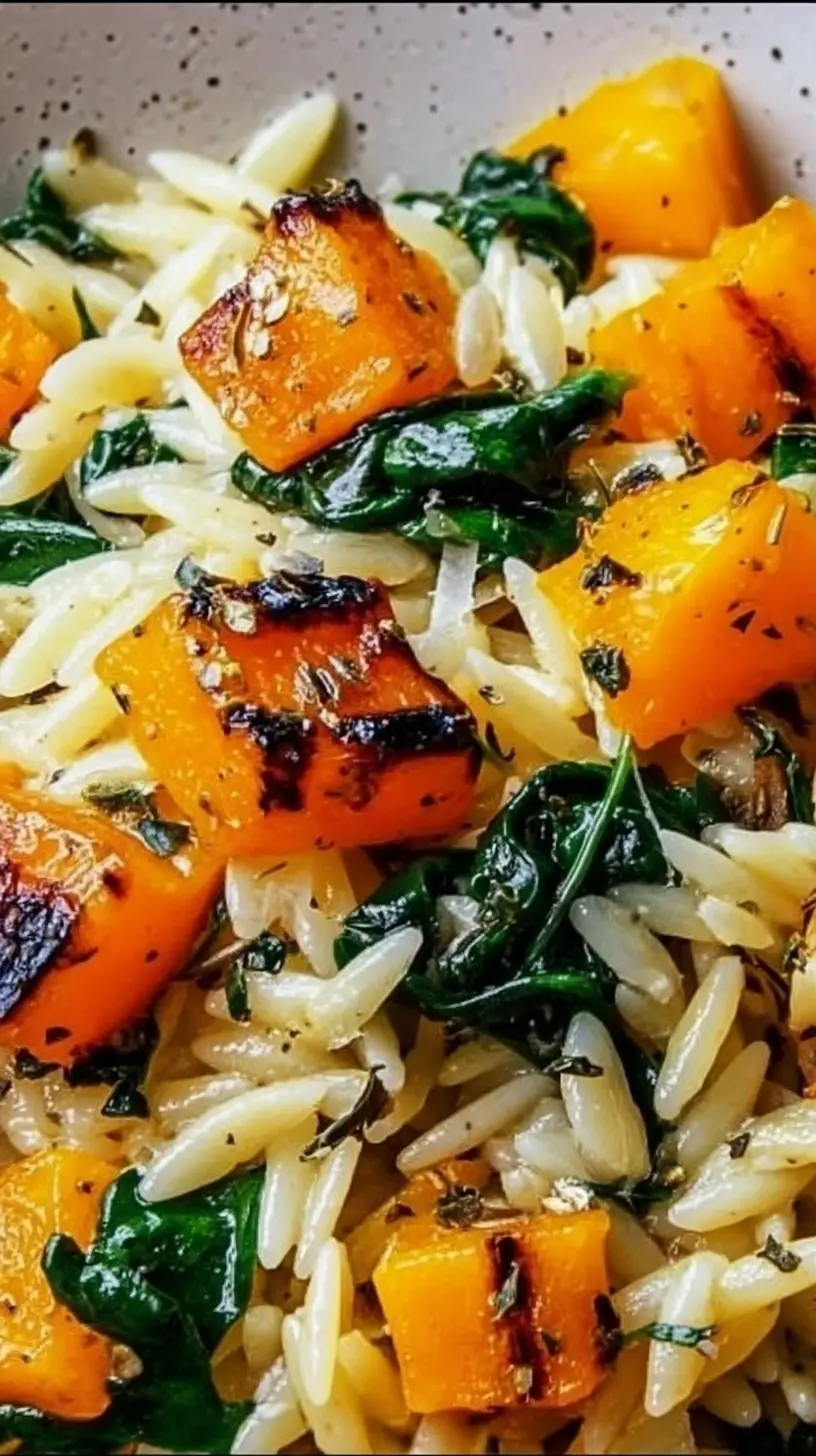 Close-up of creamy orzo pasta mixed with roasted butternut squash cubes and wilted spinach, seasoned with herbs in a shallow bowl.