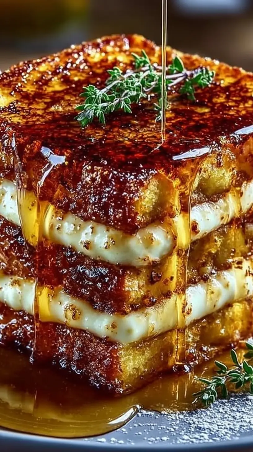 “Thick stacked slices of Crème Brûlée French Toast with caramelized sugar crust, creamy custard layers, and maple syrup dripping down the sides, garnished with fresh thyme on a plate.”