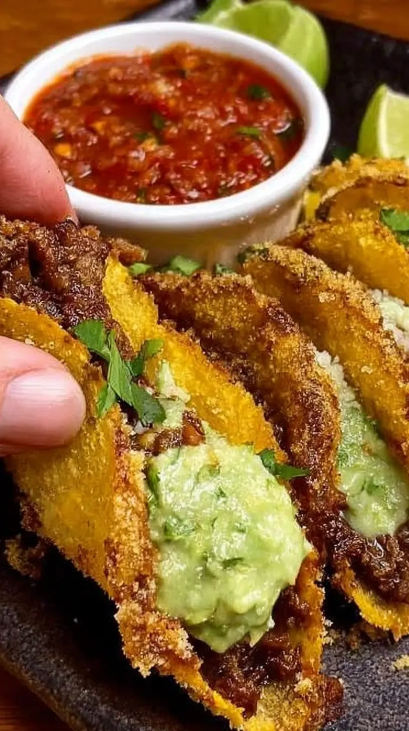 “Crispy Beef Tacos” with golden, breaded taco shells filled with seasoned ground beef and creamy guacamole, served on a dark platter with salsa and lime wedges.