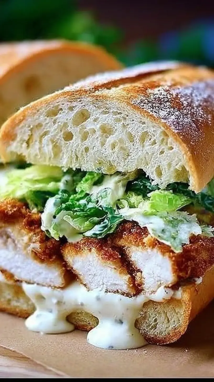 This Crispy Chicken Caesar Sandwich stacks crunchy breaded chicken, cool romaine, and tangy Caesar dressing inside a soft, crusty baguette for the ultimate handheld Caesar salad.