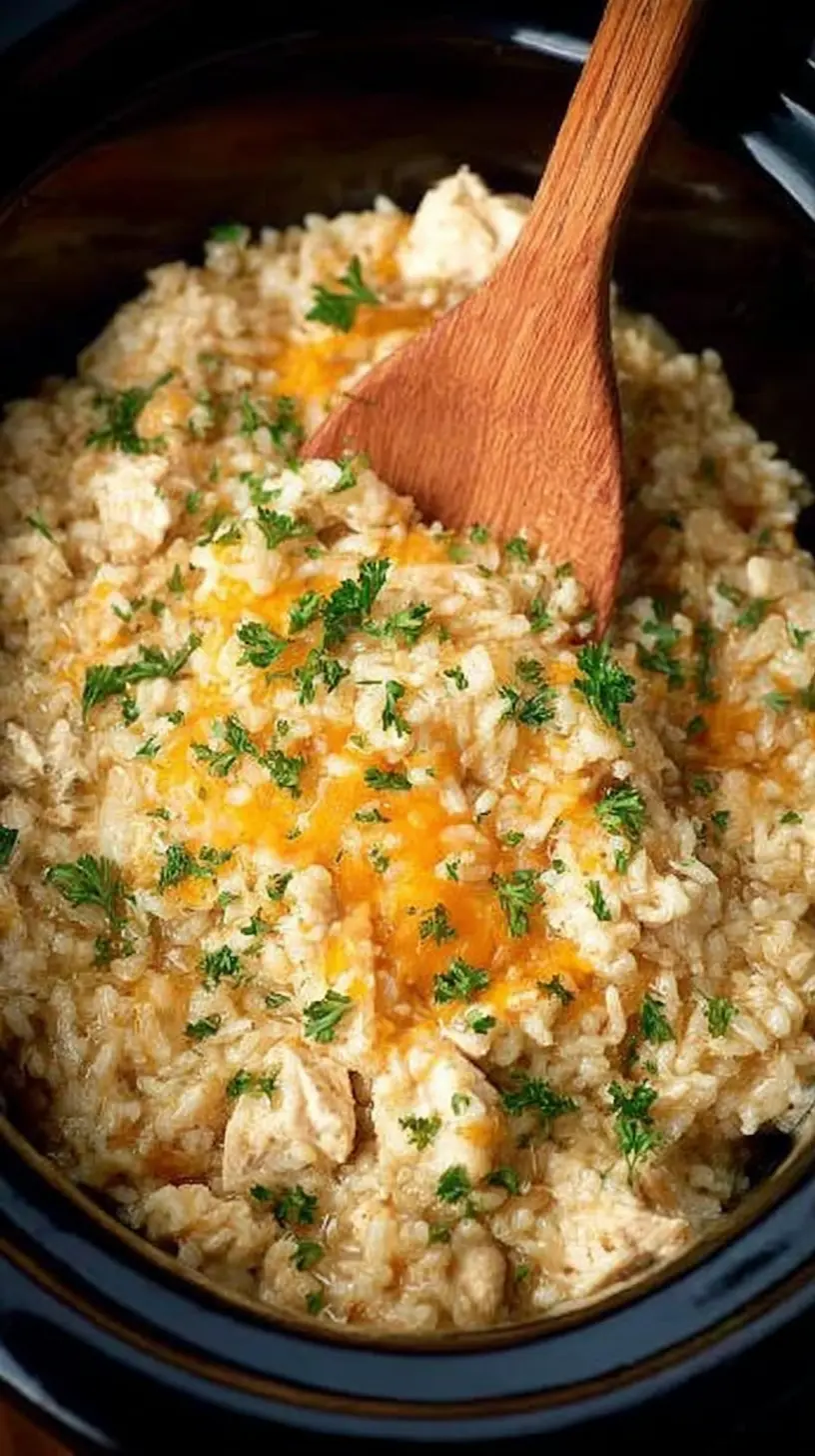 Creamy crock pot chicken and rice topped with melted cheese and parsley being stirred with a wooden spoon.
