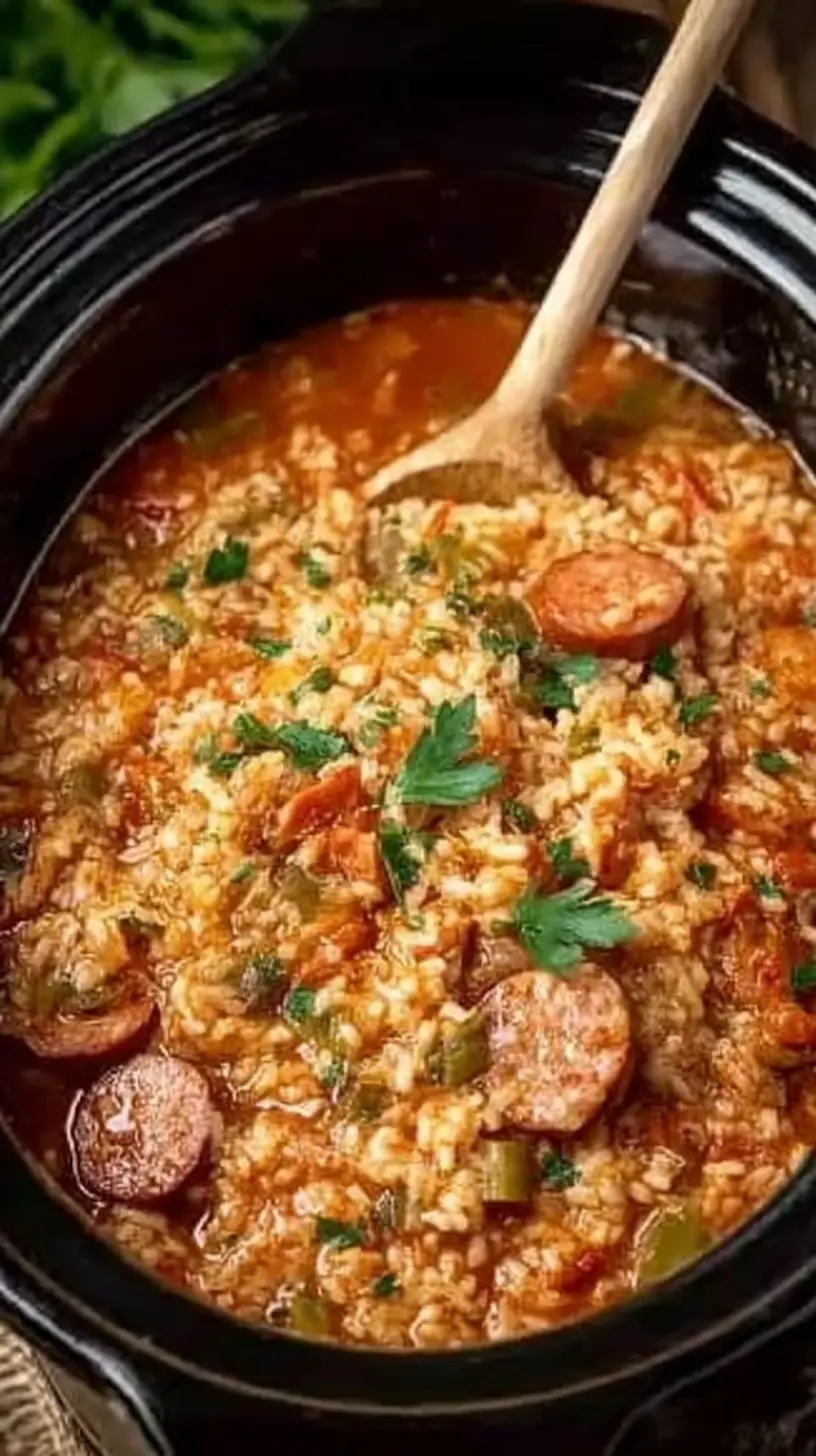 Slow cooker filled with saucy crock pot jambalaya, showing tender rice, sliced sausage, tomatoes, celery, and peppers in a rich Cajun-style broth, topped with fresh parsley.