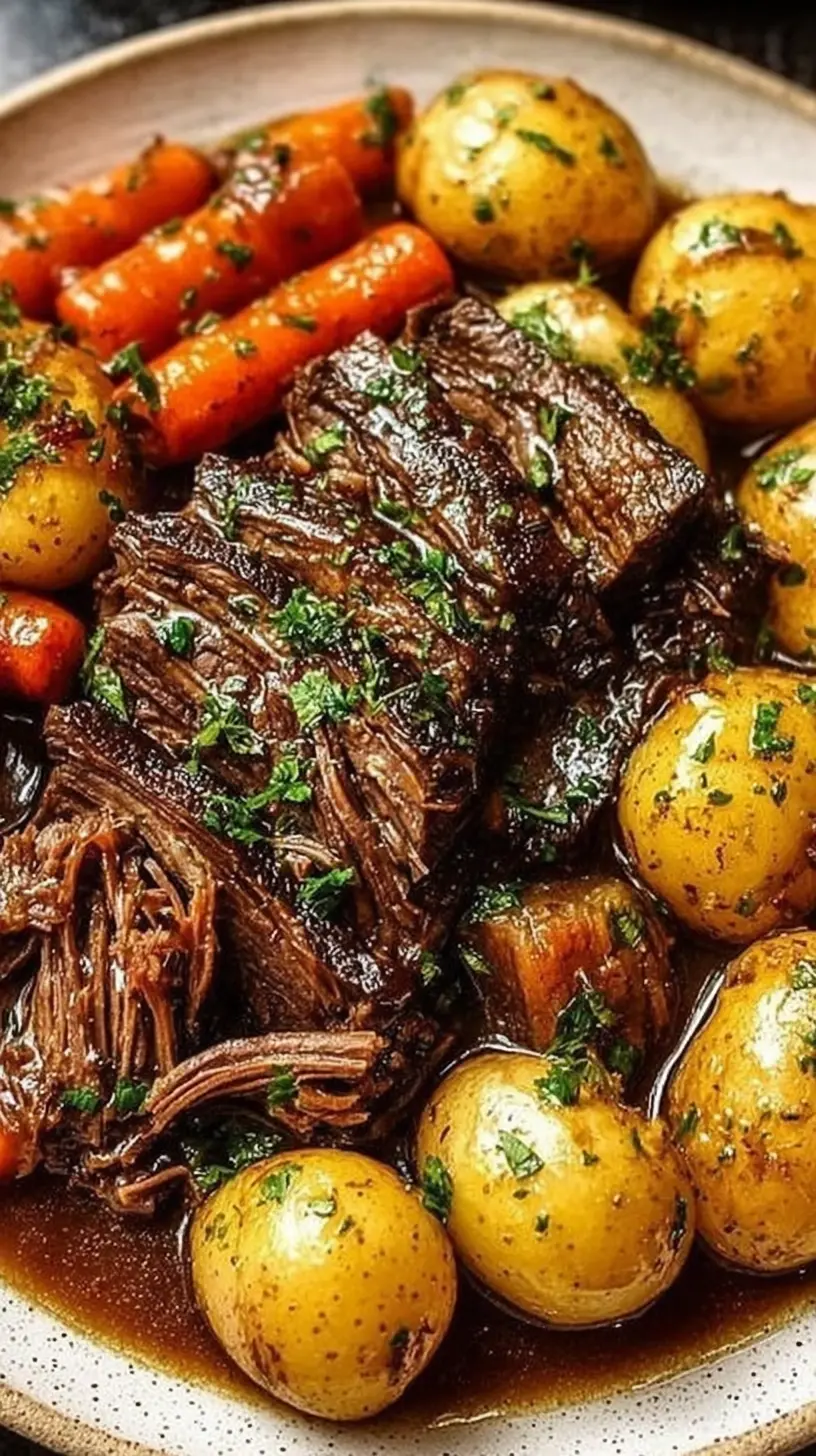 Close-up of crock pot pot roast with fork-tender shredded beef, baby potatoes, and carrots in a rich brown gravy on a plate, garnished with fresh parsley.