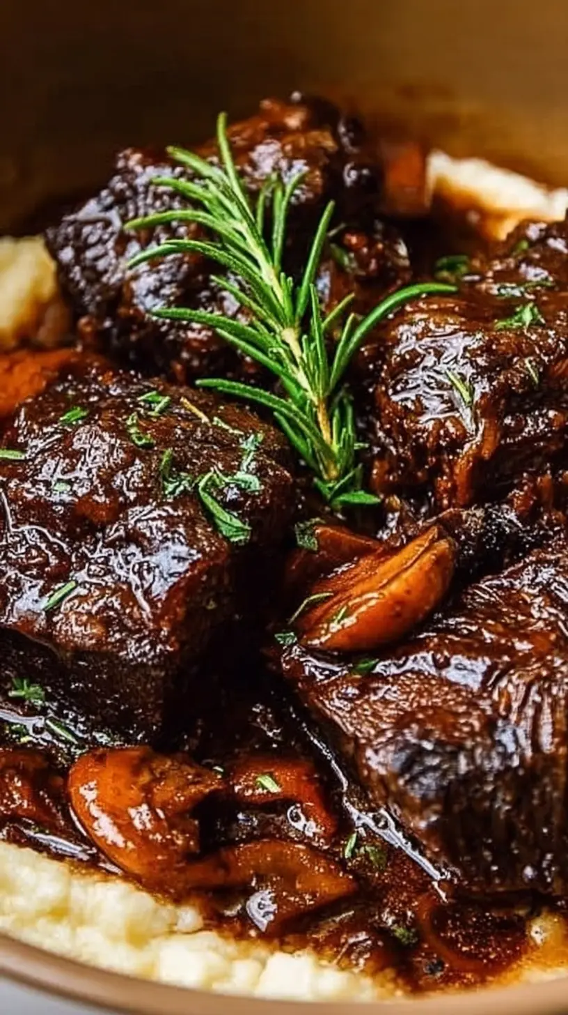 Close-up of crockpot beef short ribs served over creamy mashed potatoes, coated in a glossy brown gravy with carrots and herbs, topped with a fresh rosemary sprig.