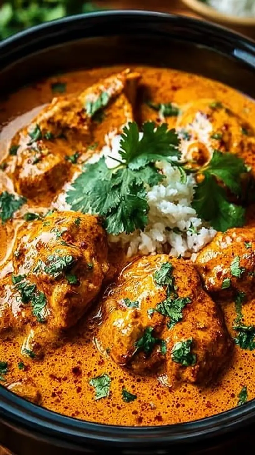 Close-up of crockpot butter chicken in a creamy orange tomato sauce, served with white rice and garnished with fresh cilantro in a black bowl.