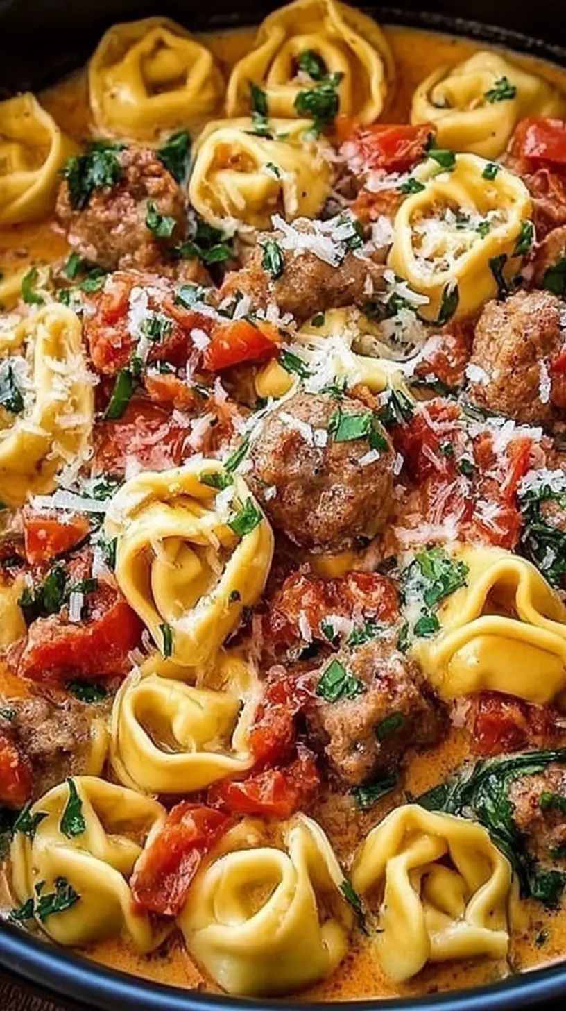 Close-up of crockpot cheese tortellini and sausage in a creamy tomato sauce, with tender tortellini, browned sausage pieces, spinach, and melted Parmesan sprinkled with fresh parsley.